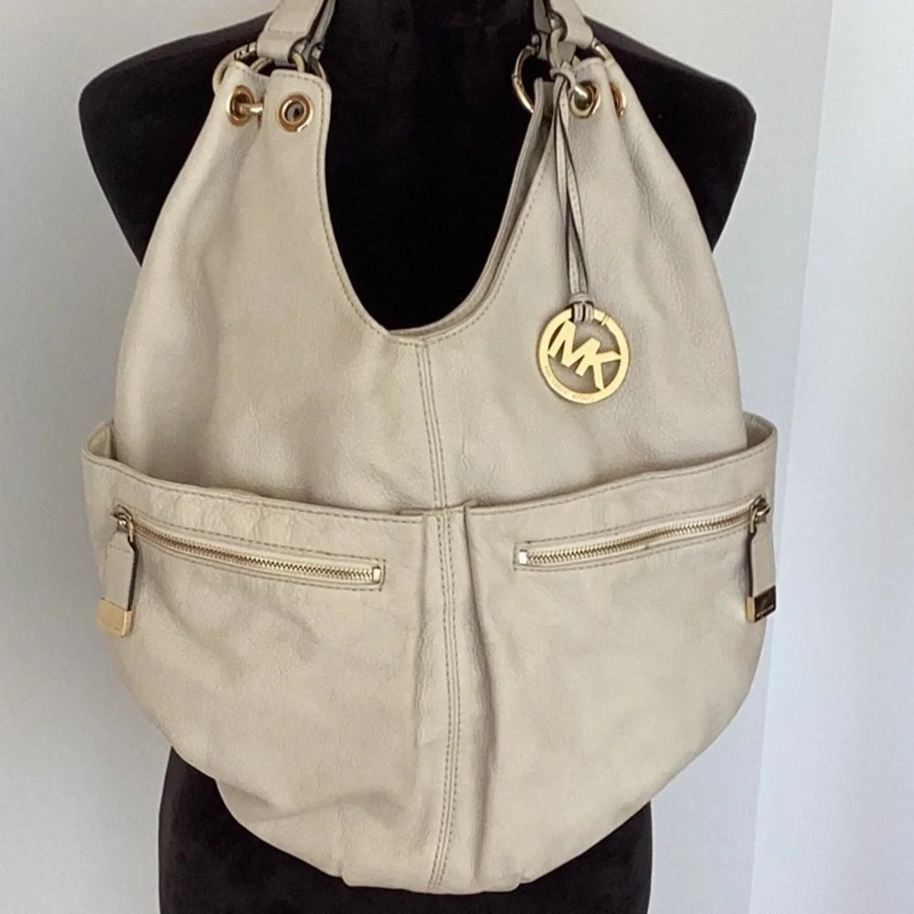 Michael Kors Layton Vanilla Genuine Leather Large Shoulder Tote Hobo Bag
